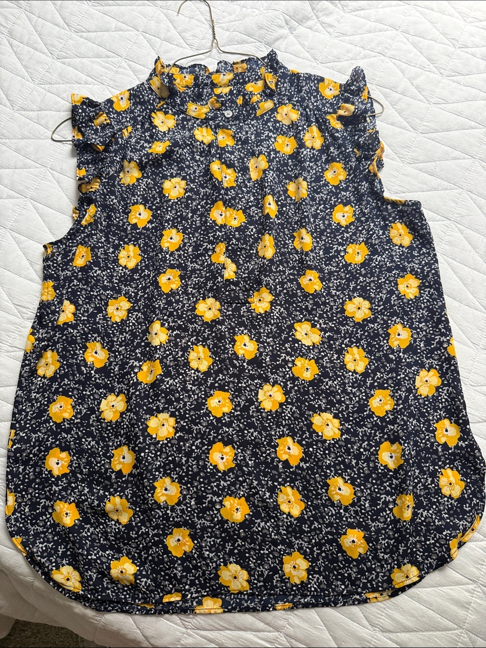 LOFT Navy Sleeveless Floral Ruffle-Neck Camisole - Yellow Flowers